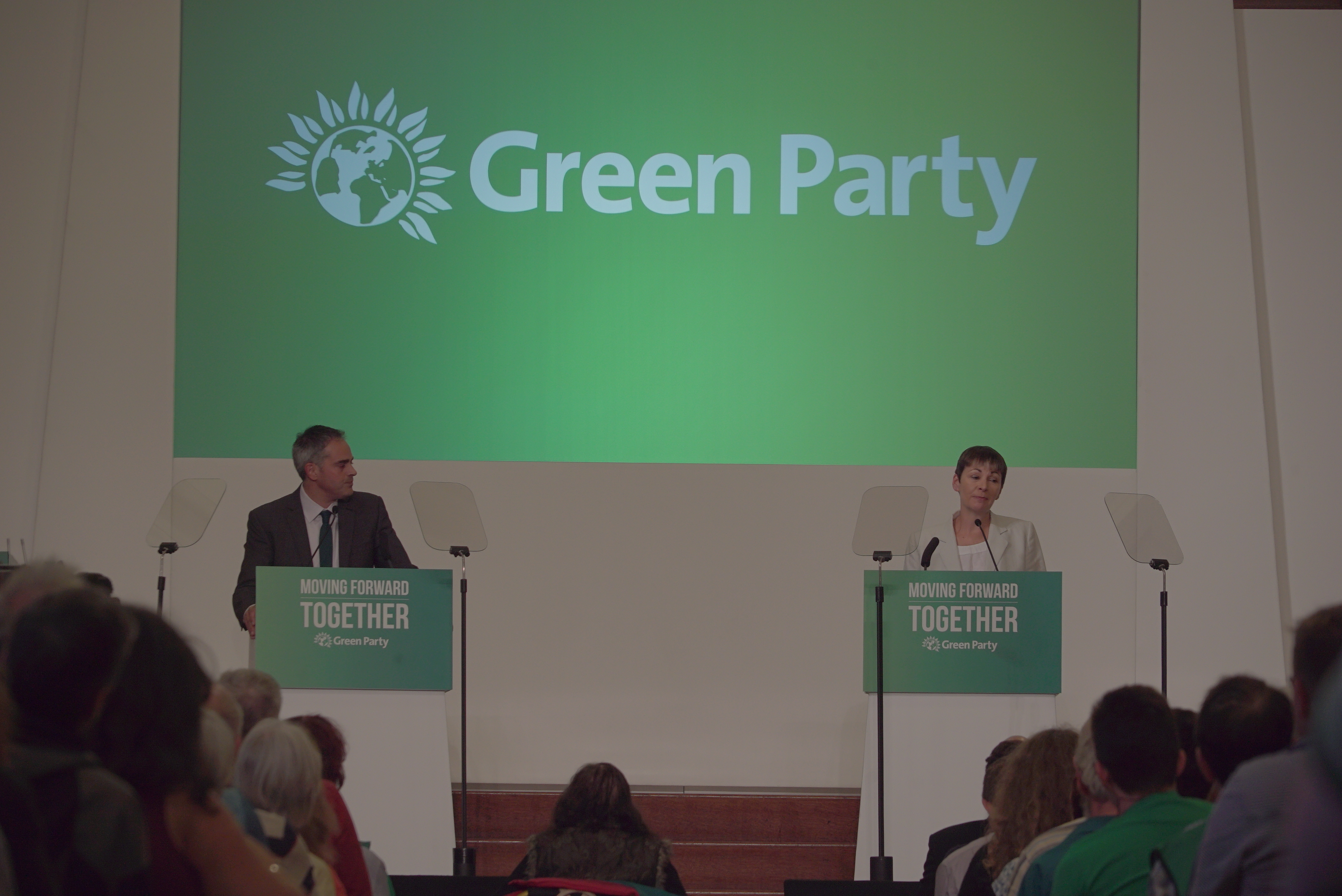 Jonathan Bartley and Caroline Lucas speaking at the Green Party Conference.