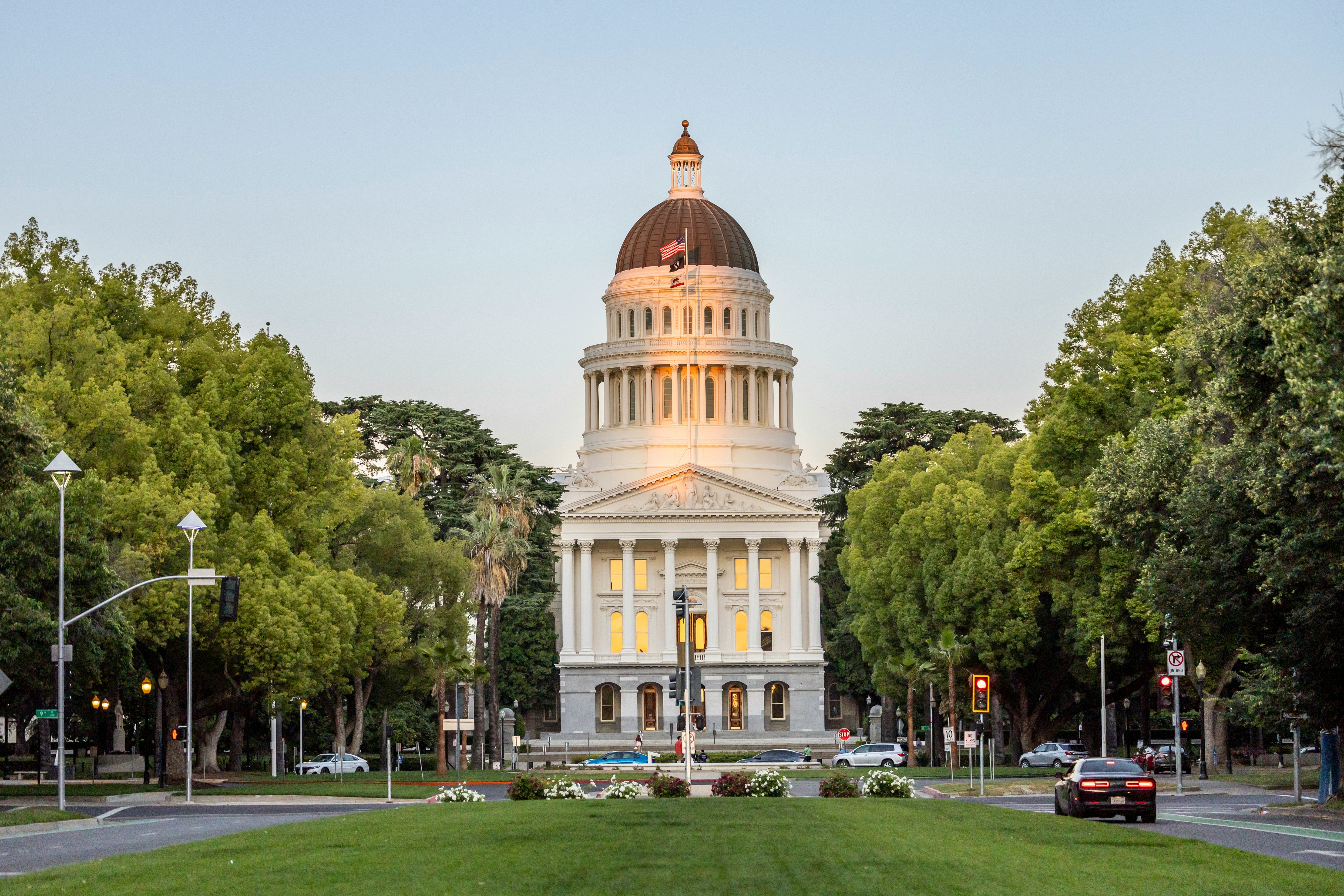California state capitol building framed by trees and green lawn.